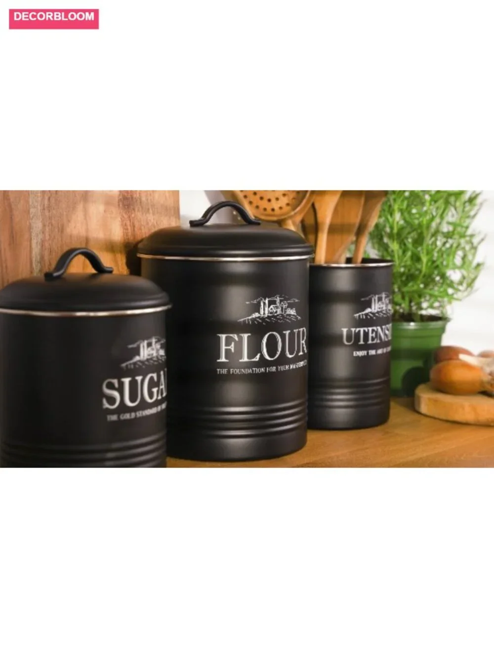 Airtight Kitchen Canisters 3-Piece Set with Utensil Holder, Metal